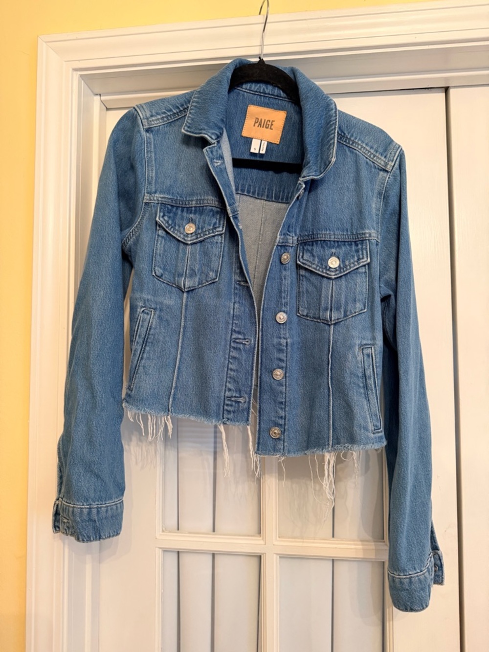 PAIGE small Blue Denim Cropped Jacket with Frayed Hem